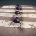 Four Dark Colored Beetles Walking On A Weathered Zebra Crossing Surface 3d model