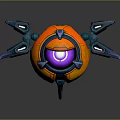 Futuristic Sci Fi Device With Orange Spherical Body Purple Glowing Top And Blue Side Thrusters