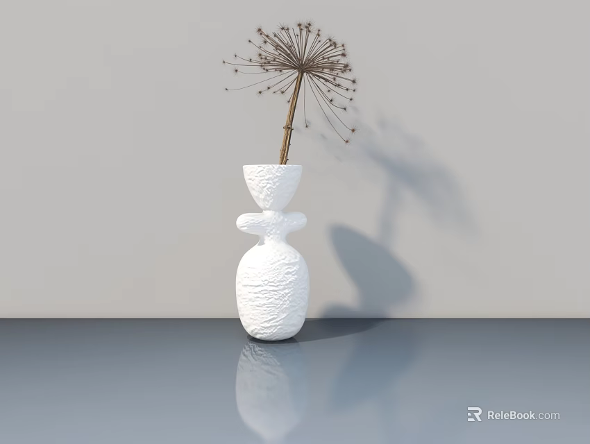 White Vase With Unique Layered Design Holding Dried Dandelion Like Flower On Smooth Gray Surface 3d model 