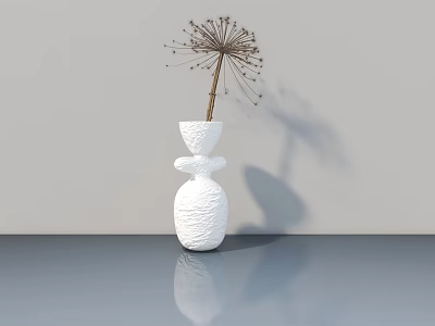 White Vase With Unique Layered Design Holding Dried Dandelion Like Flower On Smooth Gray Surface 3d model