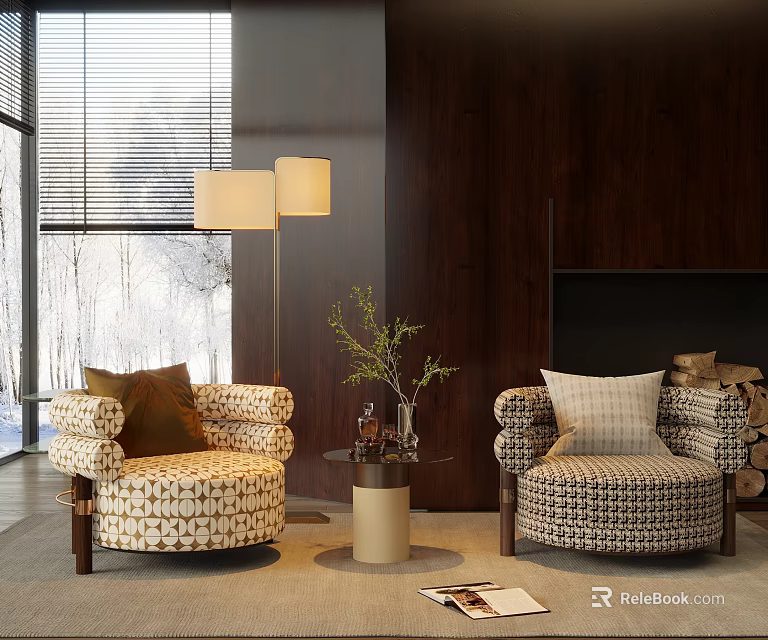 Cozy Patterned Lounge Chairs By Wooden Wall With Floor Lamp Side Table And Snowy Window 3d model 