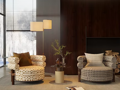 Cozy Patterned Lounge Chairs By Wooden Wall With Floor Lamp Side Table And Snowy Window 3d model
