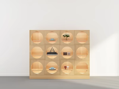 Light Wooden Shelving Unit with Grid Compartments Holding Small Plants and Trinkets 3d model