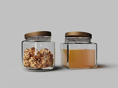 Glass Jars With Gold Lids Containing Speckled Cookies And Amber Liquid 3d model Glass Jars With Gold Lids Containing Speckled Cookies And Amber Liquid 3d model