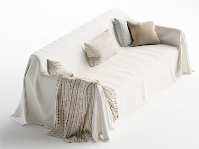 White Sectional Sofa With Striped Blanket And Decorative Pillows 3d model