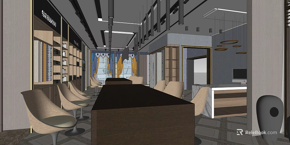 Modern Boutique Interior Design With Display Shelves Comfortable Chairs And Hanging Chandeliers 3d model 