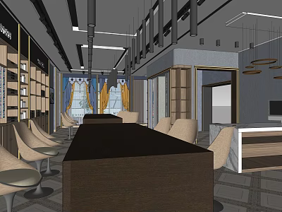 Modern Boutique Interior Design With Display Shelves Comfortable Chairs And Hanging Chandeliers 3d model