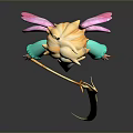 3D Fantasy Character Design With Pink Wings Cyan Robe Skull Mask And Golden Staff