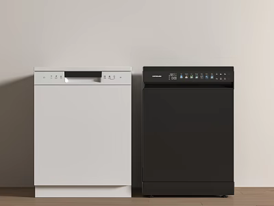 White And Black Dishwashers Kitchen Appliances Side By Side On Wooden Floor Against Light Wall 3d model