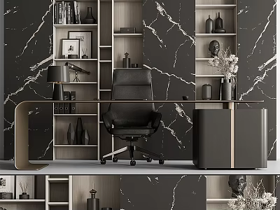 Modern Office Desk And Chair Setup Against Marble Wall With Wooden Bookshelves And Decorative Items 3d model