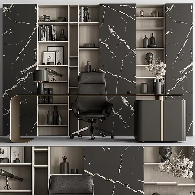 Modern Office Desk And Chair Setup Against Marble Wall With Wooden Bookshelves And Decorative Items 3d model
