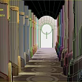 Cartoon Scene Of Long Corridor With Gray Yellow Columns Circular Floor Patterns And Archway
