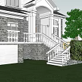 Single Family House Exterior With Stone Walls Balcony White Railing And Stairs