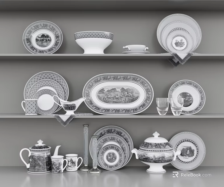 Assorted Ceramic Kitchenware Display With Plates Bowls Mugs Teapot On Shelves 3d model