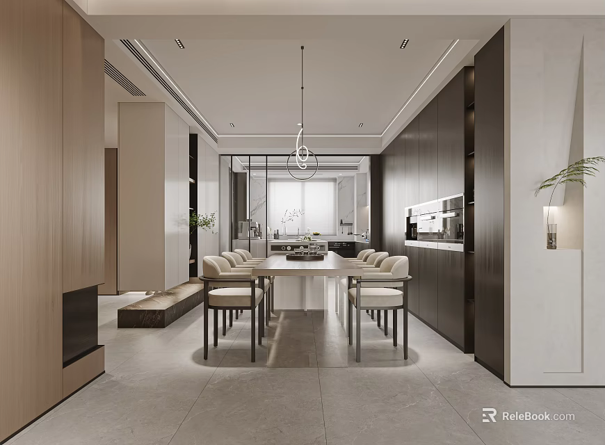 Modern Restaurant Interior With Dining Table Chairs Pendant Light Open Layout And Wooden Elements 3d model