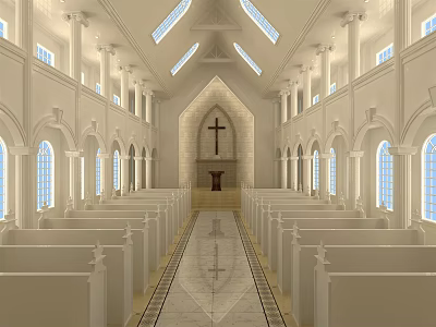 Christian Religious Worship Space Interior With Cross Pews Arched Windows And Skylights 3d model