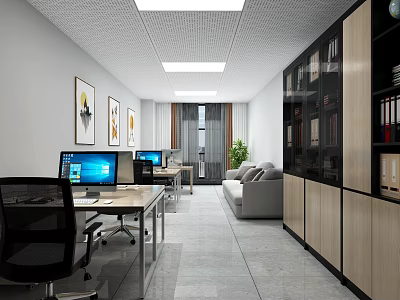 Modern Office Interior Design With Desks Computers Sofa Bookshelves Plant And Paintings 3d model