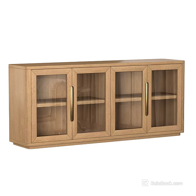 Modern Oak Decorative Cabinet With Clear Glass Doors Metal Handles And Storage Shelves 3d model 