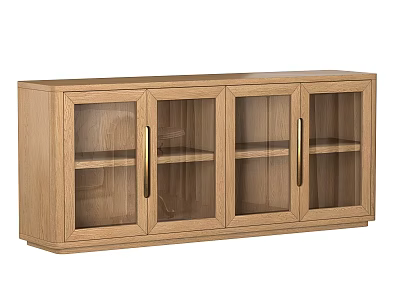 Modern Oak Decorative Cabinet With Clear Glass Doors Metal Handles And Storage Shelves 3d model