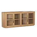 Modern Oak Decorative Cabinet With Clear Glass Doors Metal Handles And Storage Shelves