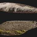 Natural Stone With Rough Texture And Wooden Twigs Among Mossy Gravel Soil