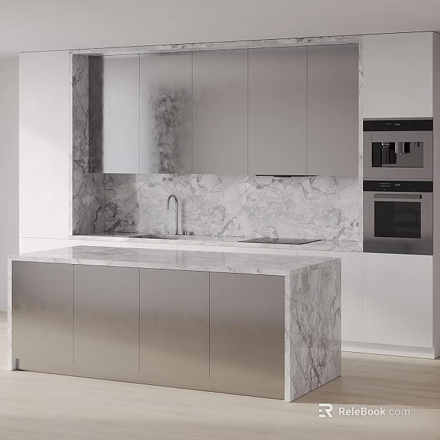 Modern Kitchen Design With Marble Backsplash Island Countertop And Sleek Cabinets 3d model 
