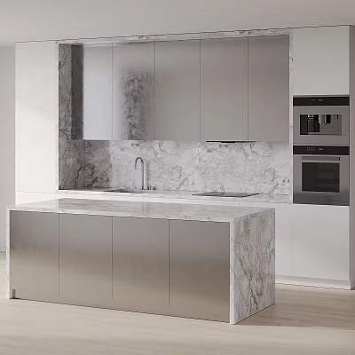 Modern Kitchen Design With Marble Backsplash Island Countertop And Sleek Cabinets 3d model
