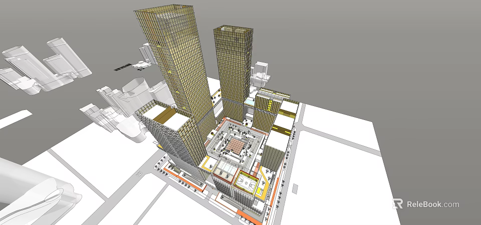Modern Commercial Street With High Rise Buildings And Central Plaza Layout 3d model 