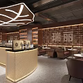 Coffee Shop Interior Design With Leather Chairs Round Tables Bar Counter And Wooden Display Shelves