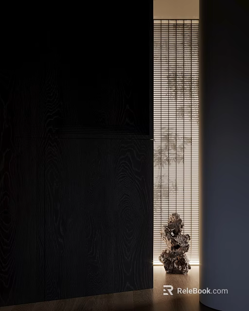 Dark Wooden Wall With Bamboo Blinds And Natural Light Filtering Decorative Object Interior 3d model 
