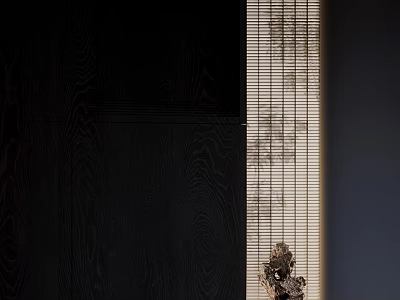 Dark Wooden Wall With Bamboo Blinds And Natural Light Filtering Decorative Object Interior 3d model