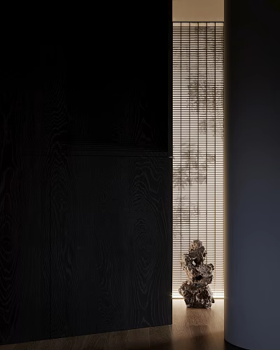 Dark Wooden Wall With Bamboo Blinds And Natural Light Filtering Decorative Object Interior 3d model