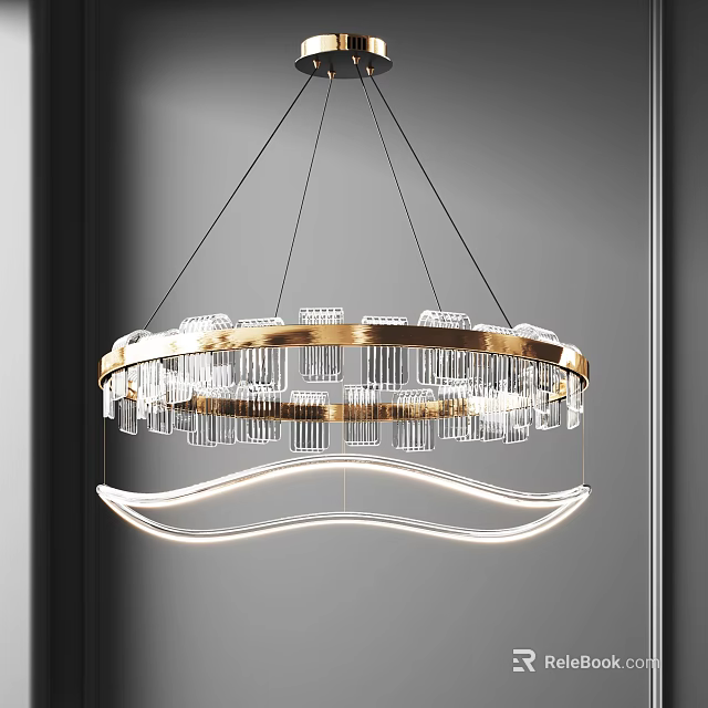 Modern Chandelier With Gold Circular Frame Transparent Pendants And Curved LED Light 3d model 