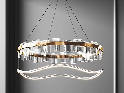 Modern Chandelier With Gold Circular Frame Transparent Pendants And Curved LED Light 3d model
