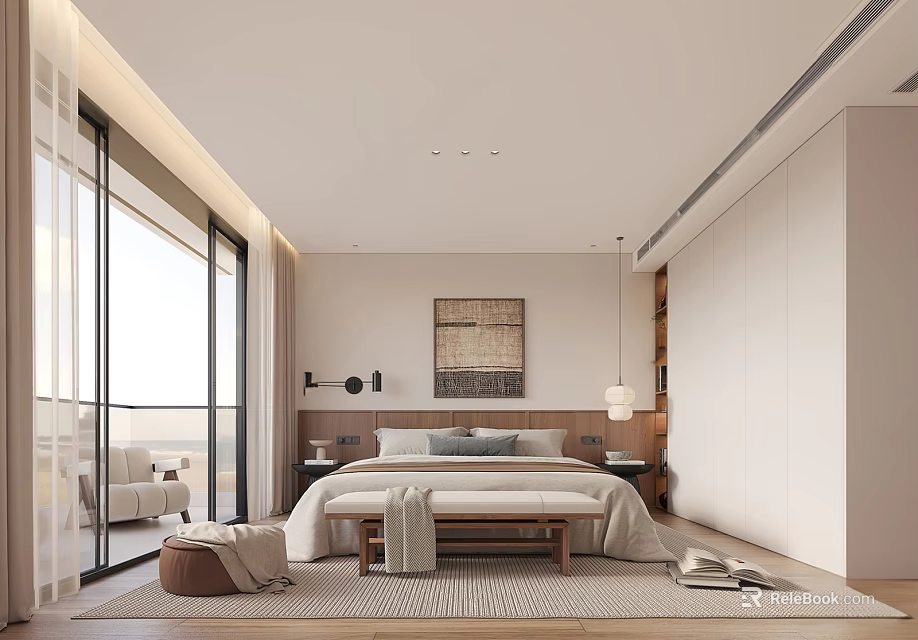 Modern Bedroom Interior Design With King Bed Decorative Wall Art And Floor to Ceiling Windows 3d model 