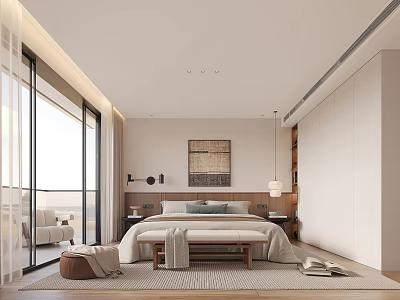 Modern Bedroom Interior Design With King Bed Decorative Wall Art And Floor to Ceiling Windows 3d model