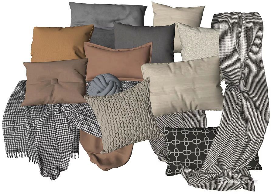 Cozy Decorative Pillows In Various Colors And Soft Textures With Matching Blankets 3d model 