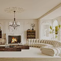 Elegant Living Room With Fireplace Mantel Chandelier White Sofas And Wooden Coffee Table