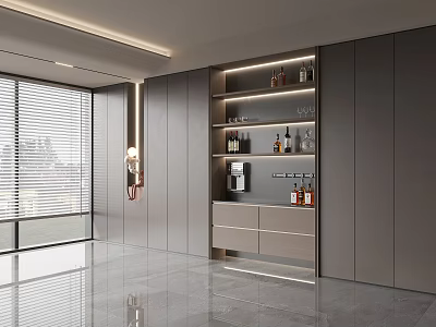 Modern Gray Display Cabinet With Shelves Lighting Wine Bottles Glasses And Coffee Machine In Interior 3d model
