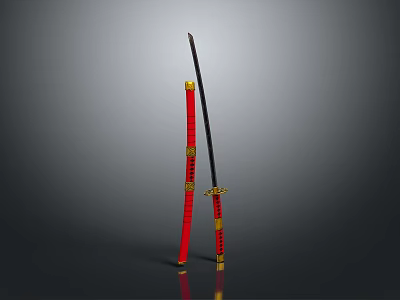 Traditional Japanese Katana With Red Scabbard And Gold Decorative Accents 3d model