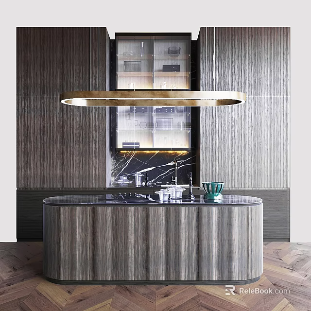 Sleek Modern Kitchen Cabinets With Wooden Texture And Round Island Design 3d model 