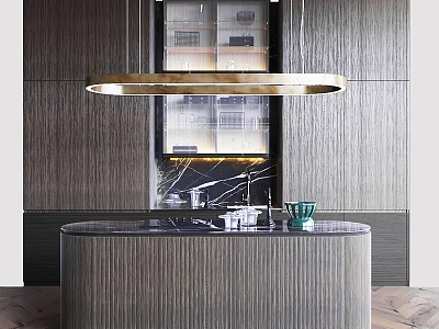 Sleek Modern Kitchen Cabinets With Wooden Texture And Round Island Design 3d model