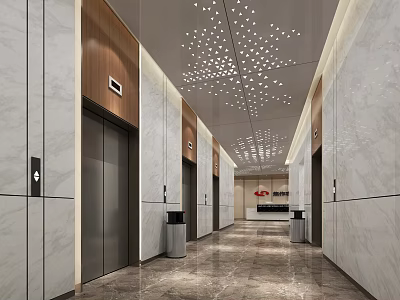 Hotel Lobby Interior With Modern Elevators Marble Walls And Studded Ceiling Lighting 3d model