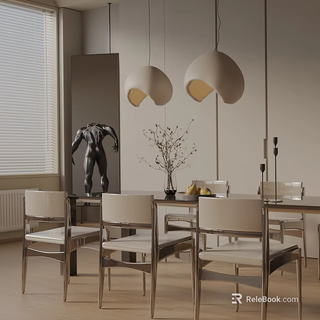 Modern Dining Table Set with White Upholstered Chairs Pendant Lights Sculpture and Vase with Branches 3d model 