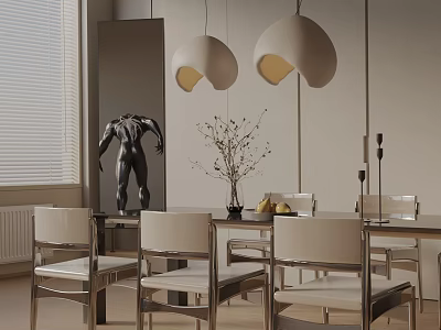 Modern Dining Table Set with White Upholstered Chairs Pendant Lights Sculpture and Vase with Branches 3d model