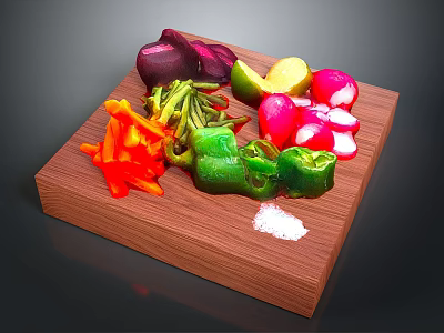 Fresh Colorful Vegetables on Wooden Cutting Board with Beets Avocado Radishes and Bell Peppers 3d model