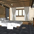 Rustic Hotel Guest Room Interior With Wooden Ceiling Stone Floor And Bed