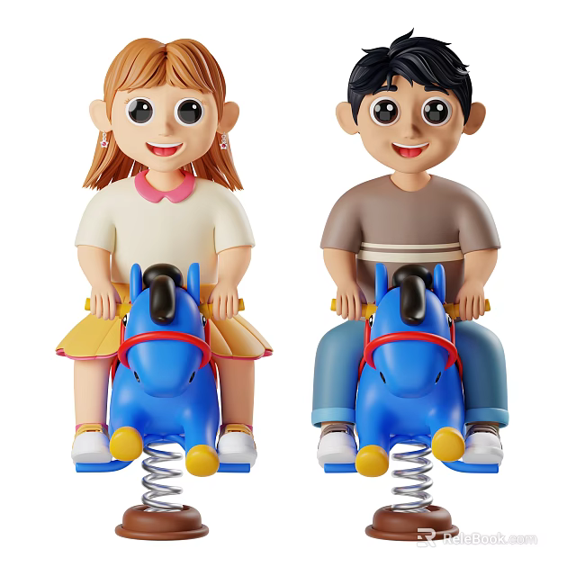 Cartoon Style Game Movie Characters Two Children Riding Blue Spring Rocking Horses With Yellow Accents 3d model 