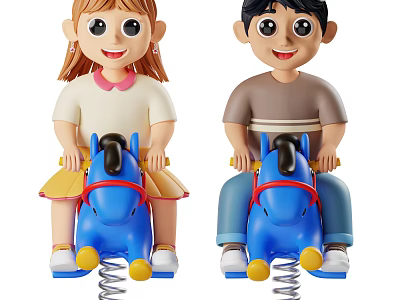 Cartoon Style Game Movie Characters Two Children Riding Blue Spring Rocking Horses With Yellow Accents 3d model