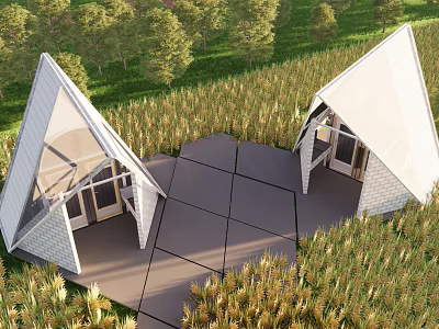Two Triangle Roof Houses In Grassland With Connecting Platform And Trees 3d model